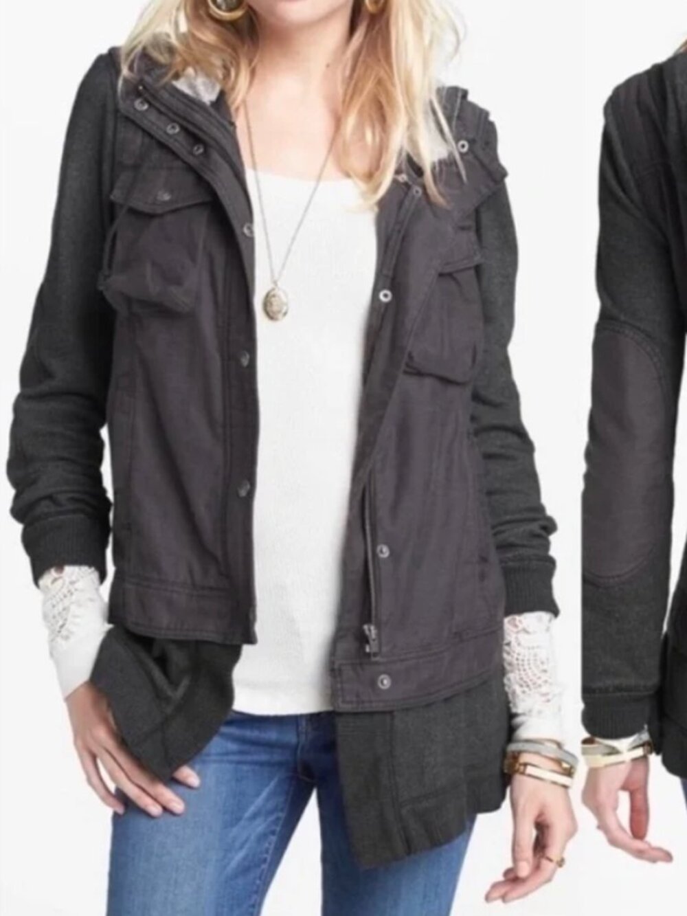 Free People Dark Gray Cotton Utility Jacket Hooded Size XS